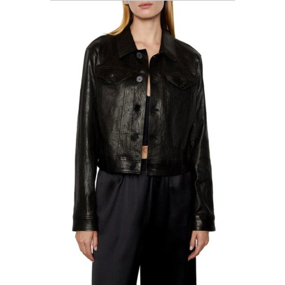 Frame Atelier Lamb Leather Snap Front Trucker Jacket Noir Black Size L - Picture 1 of 8